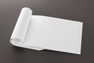 Blank horizontal right magazine page. Workspace with folded magazine mock up on black desk. Side view. 3d illustration