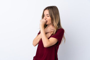 Young woman over isolated white background is suffering with cough and feeling bad