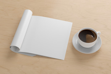 Fototapeta na wymiar Blank square right magazine page. Workspace with folded magazine mock up on wooden desk with cup of coffee. Side view. 3d illustration