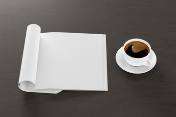 Obraz na płótnie Canvas Blank square right magazine page. Workspace with folded magazine mock up on black desk with cup of coffee. Side view. 3d illustration