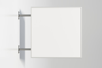 Square singboard or signage isolated on the white wall with blank white sign mock up. Side view. 3d illustration