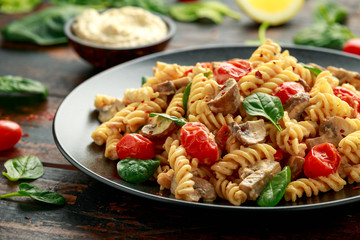 Healthy Creamy Hummus pasta with mushroom and roast tomatoes. vegan vegetarian, plant based.