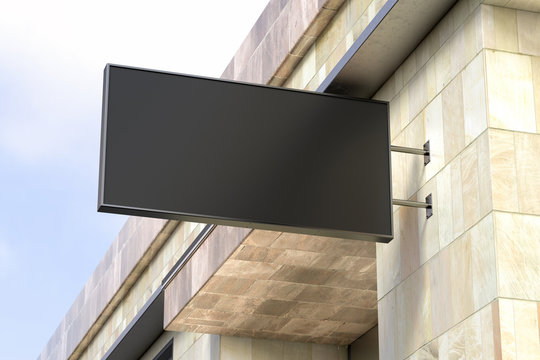 Horizontal Singboard Or Signage On The Marble Wall With Blank Black Sign Mock Up. Bottom View. 3d Illustration