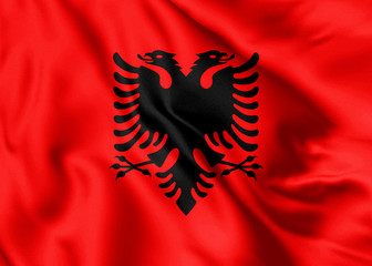 Albania flag blowing in the wind. Background silk texture. 3d illustration.