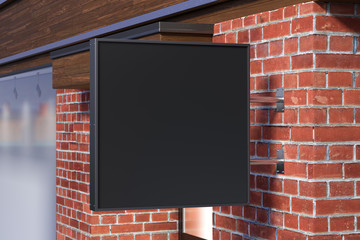 Square singboard or signage on the red brick wall with blank black sign mock up. Side view. 3d illustration