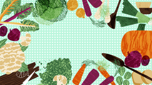Winter vegetables web background on checked backdrop. Textured veggies vector illustration.