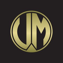 UM Logo monogram circle with piece ribbon style on gold colors