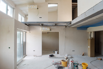 interior of construction site with scaffolding
