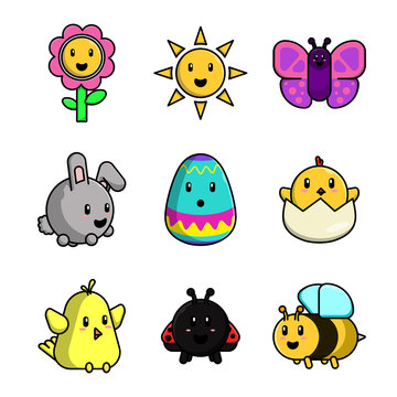 design vector spring character cartoon, flower, sun, butterfly, rabbit, egg, chick, bird, ladybug, bee