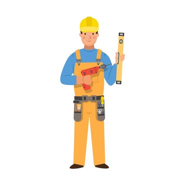 Cartoon carpenter with a drill and a ruler, character for children. Flat vector illustration