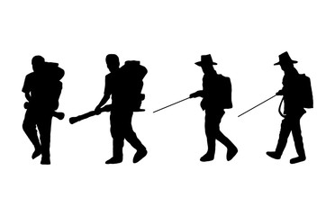 silhouette black and white Farmers treating plants with fertilizer sprayer