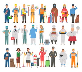 Big set of professions in cartoon flat style for children. Plumber,carpenter,engineer,painter,colorist,surveyor,welder,firefighter,policeman,dentist,doctor,ophthalmologist,optometrist,surgeon