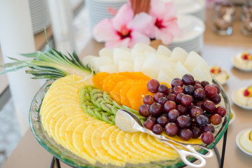 Catering services for wedding with fruits and berry in restaurant