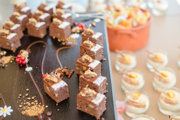 Chocolate Nut Brownie Cake decorated with Strawberries in Luxury Restaurant for Brunch, Buffet Concept