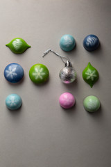 Christmas decorations and luxury candies top view