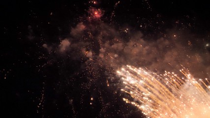 White and red fireworks display on dark sky background. Brightly colorful fireworks on twilight background