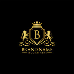 Lion Logo with Letter in Royal Shield Vector Logo