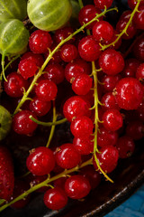 Overhead view of red currants on plate