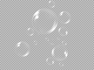 Realistic white water bubbles with reflection on transparent background. Vector illustration