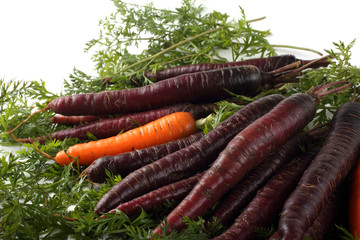 Orange and violet carrots and leaves