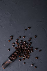 Coffee beans on old grey kitchen beton , rock table. Top view with copyspace for your text