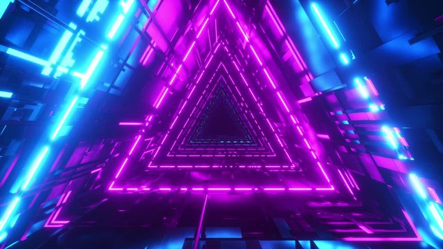 Beautiful abstract triangle tunnel with blue light lines moving fast. Background futuristic corridor with neon lights. Seamless loop 3d render