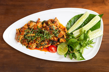 Close up texture of Stir Fried Pork with Chilli Paste.Thai cuisine. Include clipping path.