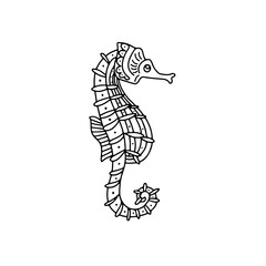 Fototapeta na wymiar Hand drawn doodle decorative black vector illustration seahorse isolated on white background. Beautiful sea design for child coloring book, page, card, tattoo, logo, print, banner