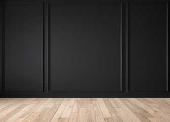 Modern classic black matte blank wall, molding, empty interior with wall panels and wooden floor. 3d render illustration mock up.