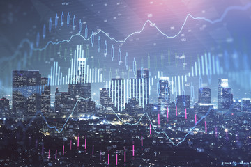 Forex chart on cityscape with tall buildings background multi exposure. Financial research concept.