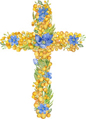 Cross with yellow and blue spring flowers isolated on white background.