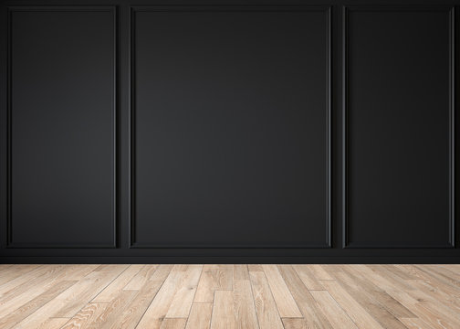 Modern classic black matte blank wall, molding, empty interior with wall panels and wooden floor. 3d render illustration mock up.