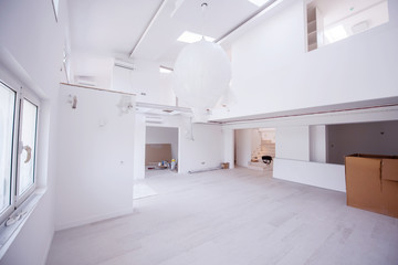 Fototapeta na wymiar Interior of empty stylish modern open space two level apartment