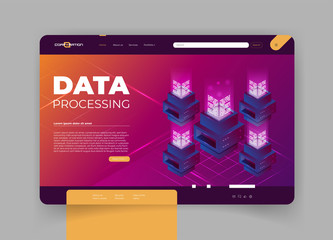 Concept of big data processing, energy station of future, server room rack, data center isometric vector illustration