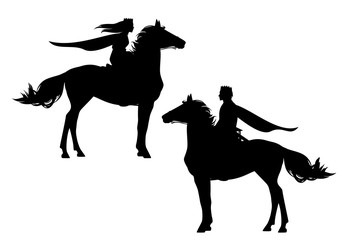 medieval king and queen riding horse - royal horseback riders with flying cloaks black vector silhouette set