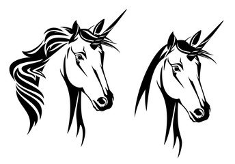 unicorn horse head portrait - mythical animal black and white vector outline design