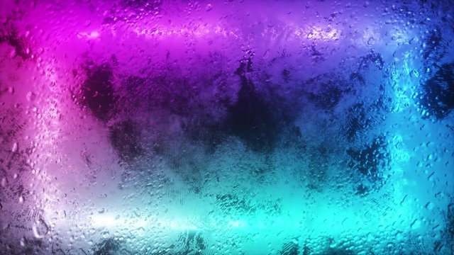 A bright neon rectangle flashes through a foggy window. Drop of water on the window. Seamless loop 3d render