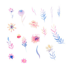 watercolor set of flowers and leaves, purple, blue, pink, yellow