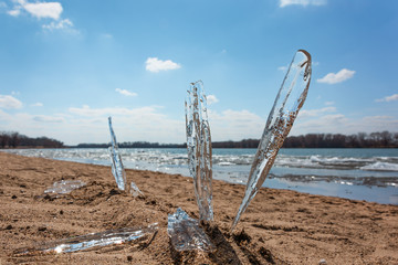 Icicles sticking out from wet sand over background of river with melting ice drifting along under bright blue sky. Spring thaw.