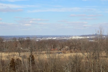 A aerial view of the country landscape on a winter day.