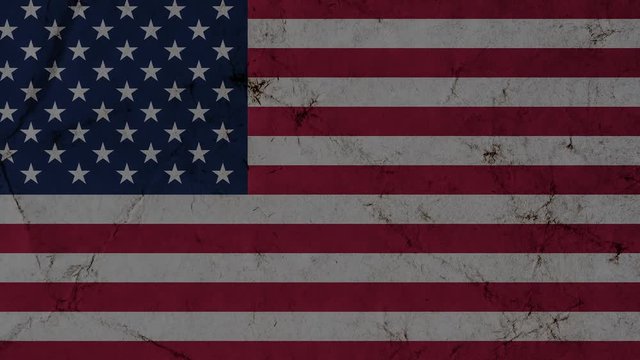 Creative 4K video moving details of a 100 American dollar banknote with a portrait of Benjamin Franklin close-up on a background of the American national flag in grunge style.