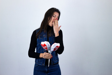 Portrait of fashionable middle age woman modelballoon i love you pointing with fore finger the...