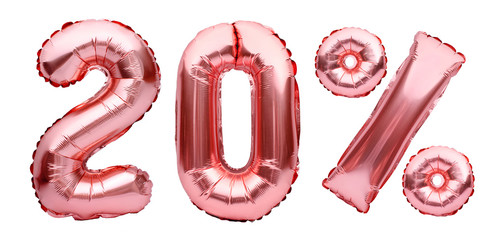 Rose golden twenty percent sign made of inflatable balloons isolated on white.Helium balloons, pink...