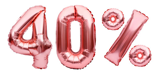 Rose golden fourty percent sign made of inflatable balloons isolated on white.Helium balloons, pink foil numbers. Sale decoration, black friday, discount concept.40 percent off, advertisement message. © Magryt