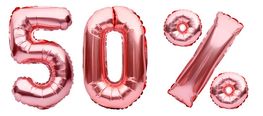 Rose golden fifty percent sign made of inflatable balloons isolated on white.Helium balloons, pink...