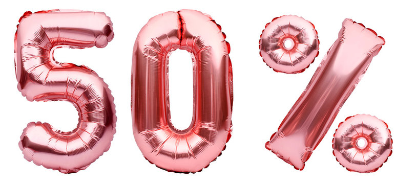 Rose golden fifty percent sign made of inflatable balloons isolated on white.Helium balloons, pink foil numbers. Sale decoration, black friday, discount concept. 50 percent off, advertisement message.
