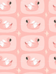 Hand drawn vector abstract cartoon summer time fun pop illustration seamless pattern with pink flamingo buoy float circle isolated on background