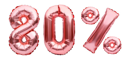 Rose golden eighty percent sign made of inflatable balloons isolated on white.Helium balloons, pink foil numbers.Sale decoration, black friday, discount concept.80 percent off, advertisement message. © Magryt
