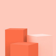 3d orange cubes square podium minimal studio background. Abstract 3d geometric shape object illustration render. Display for summer holiday product. Natural color tones.