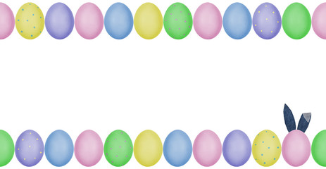 Beautiful Easter mockup. Painted Easter eggs with arranged in a frame. One egg with denim textile bunny ears. Seamless pattern. Isolated on white background.